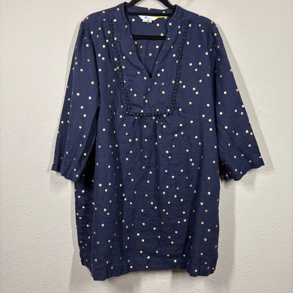 Boden 16R Evangeline Linen Tunic Shift Dress Navy Gold Polka Dot Pompom Trim - Picture 2 of 8